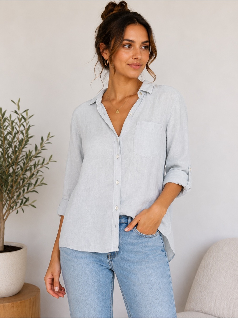 Sleepy Olsen 100% Linen Button-Up Shirt Light Blue Medium